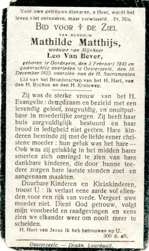 Bidprentje Mathilde Matthijs, Oosterzele, 1923