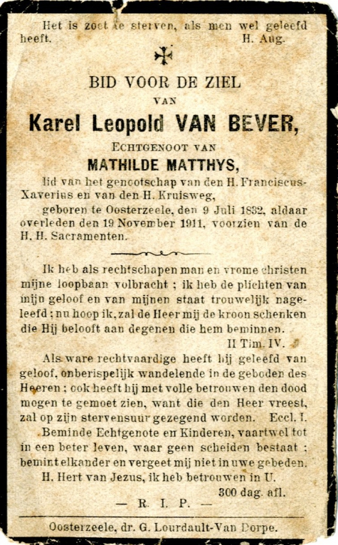 Bidprentje Karel Van Bever, Oosterzele, 1911