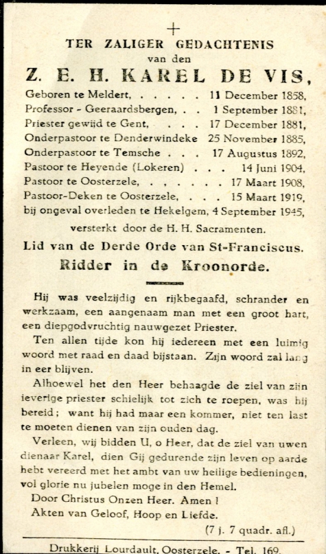 Bidprentje Karel De Vis, Hekelgem, 1945