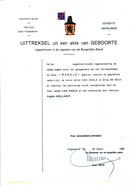 Kopie van uittreksel uit de geboorteakte van de reus Mondje Wollaert, Merelbeke, 1990