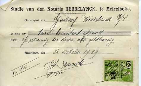 Ontvangstbewijs van de afbetaling van een hypothecair krediet, Merelbeke, 1929
