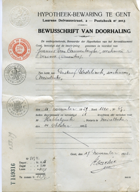 Bewijsschrift van doorhaling van een hypotheek, Merelbeke, 1932