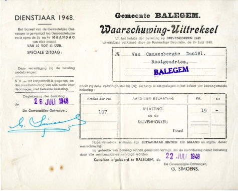 Belasting op duivenhokken, Balegem, 1948
