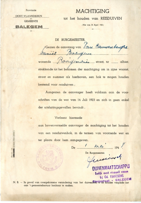 Machtiging tot het houden van reisduiven, Balegem, 1948