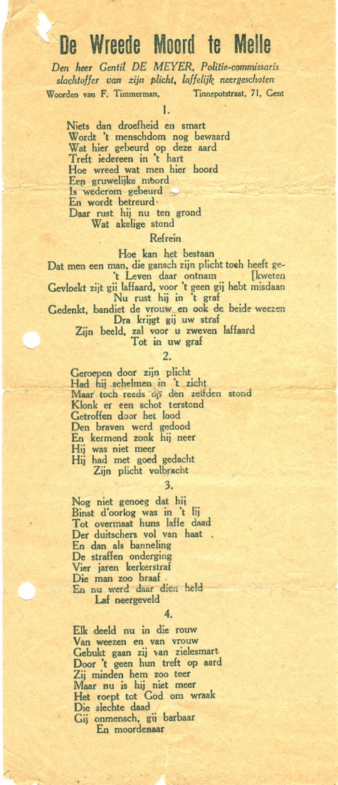 Liedtekst 'De Wreede Moord te Melle', naar aanleiding van de moord op de politiecommissaris Gentil Demeyer te Melle, 1920
