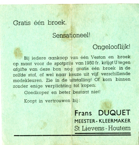 Reclamefolder Frans Duquet, Sint-Lievens-Houtem