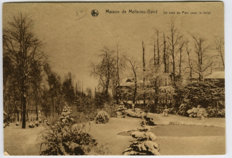 Hoekje van het park van het college te Melle onder de sneeuw