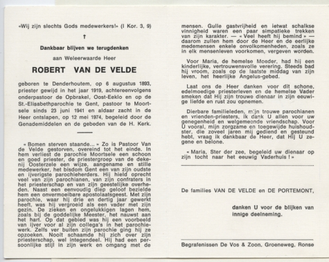 Doodsprentje pastoor Van De Velde Moortsele 1974