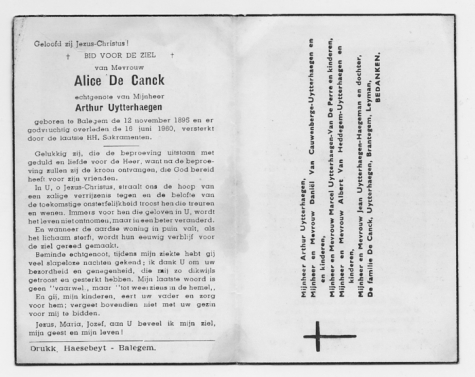 Bidprentje van Alice De Canck, Balegem, 1960