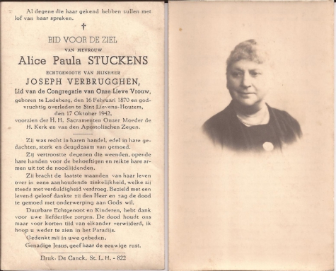 Bidprentje Alice Paula Stuttens, Sint-Lievens-Houtem, 1942