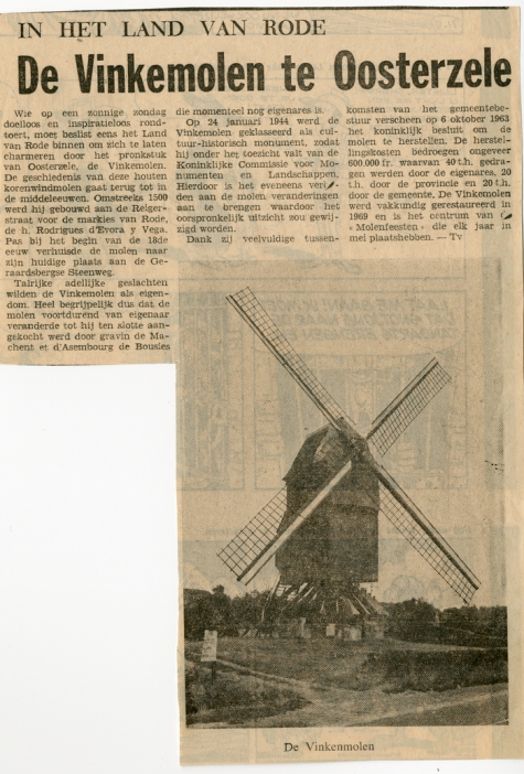 Krantenartikel gerestaureerde Vinkemolen, Oosterzele, 1969