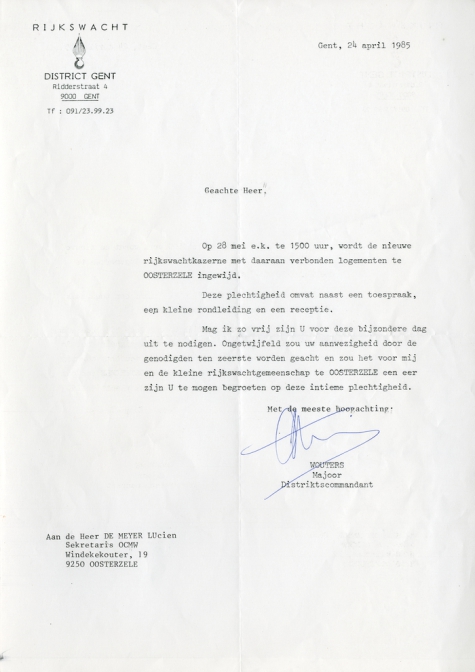 Uitnodiging inhuldiging gebouwen rijkswacht, Oosterzele, 1985