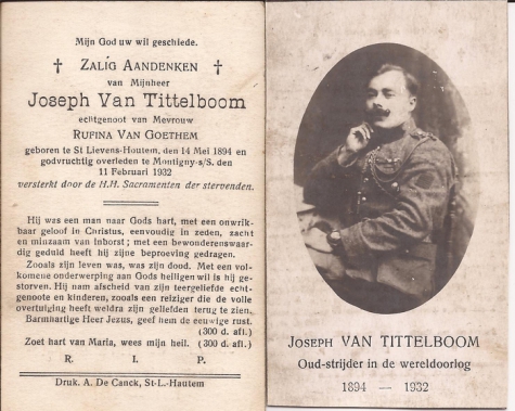 Bidprentje Joseph Van Tittelboom, Montigny Sur Sambre, 1932