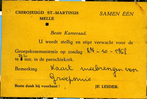 Uitnodiging groepsmis chiro Melle, 1968