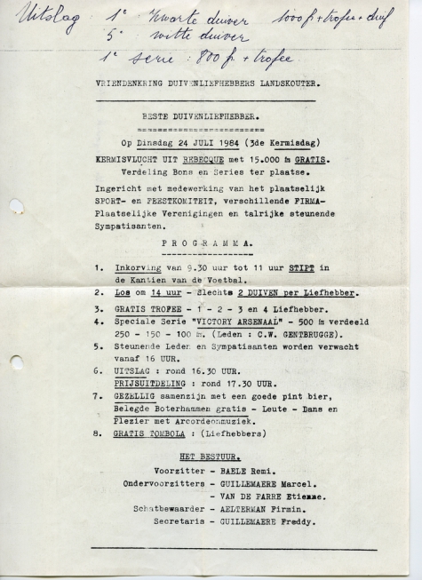 'Vriendenkring Duivenliefhebbers Landskouter', prgramma kermisvlucht, Oosterzele, 1984 