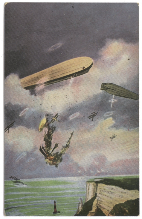 Duitse marine-luchtschepen in gevecht met vijandige vliegtuigen boven Engeland, 1916