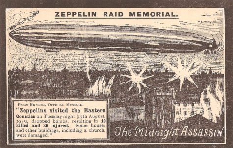 Zeppelin bombardeert oostelijke provincies van Engeland, 1915