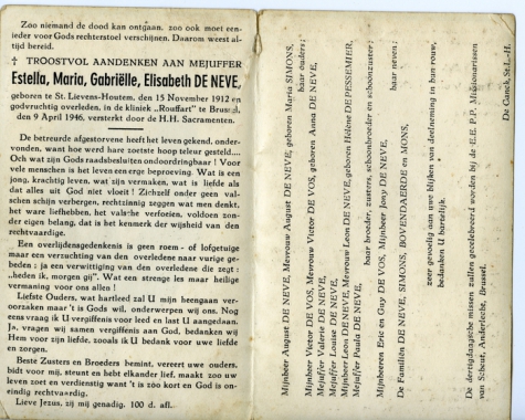 Bidprentje Estella De Neve, Sint-Lievens-Houtem, 1946