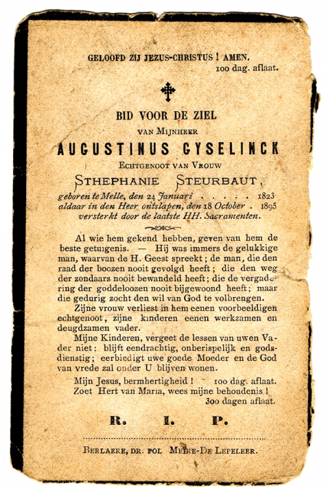 Bidprentje van Augustin Gyselinck, 1895, Melle