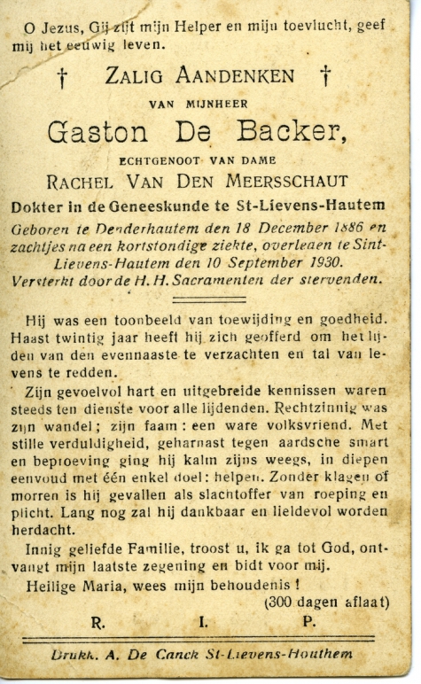 Bidprentje Gaston De Backer, Sint-Lievens-Houtem, 1930