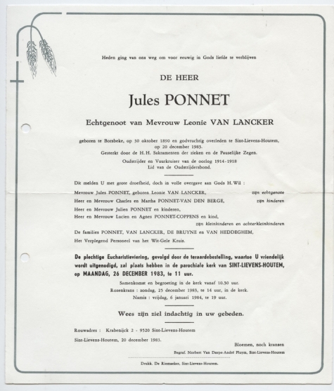 Rouwbrief Jules Ponnet, Sint-Lievens-Houtem, 1983