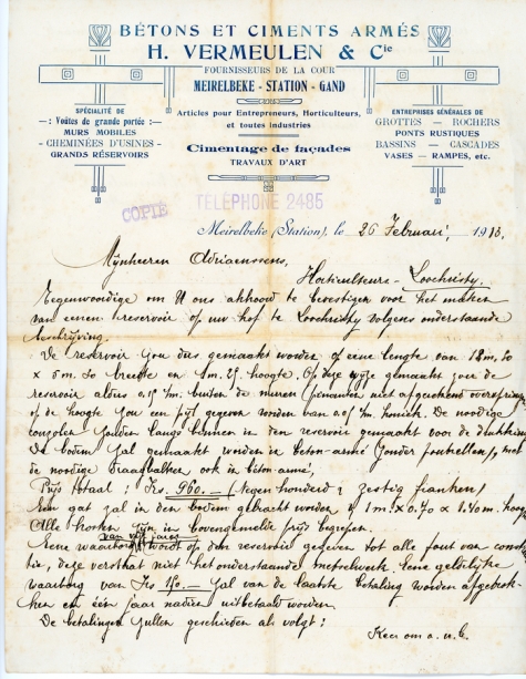 Offerte bouw waterreservoir, Lochristi, 1913