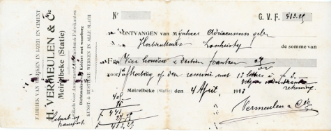 Kwitantie bouw waterreservoir, Lochristi, 1913