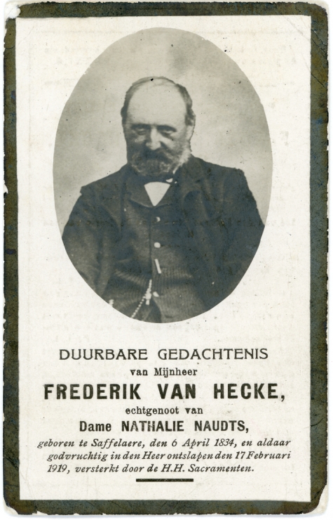 Bidprentje, Frederik Van Hecke, Zaffelare, 1919

