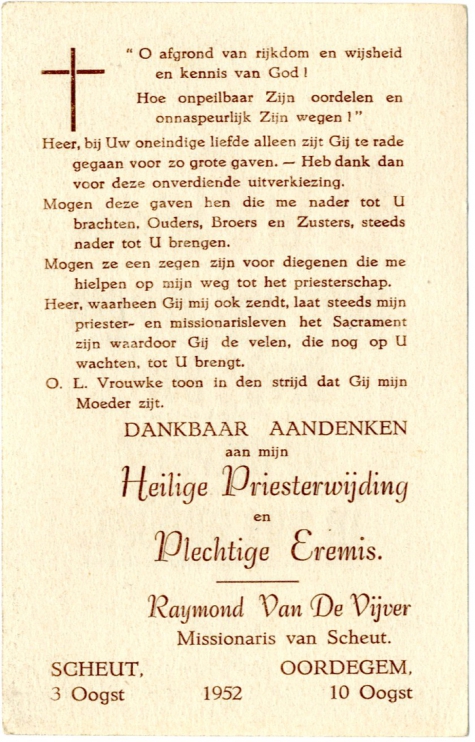 Herdenkingsprentje van de priesterwijding van Raymond Van De Vijver, Oordegem, 1952