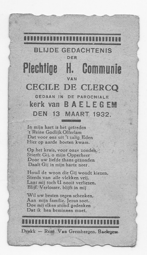 Herinneringsprentje Pl. H. Communie van Cecile De Clercq, Balegem, 1932