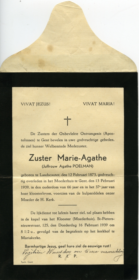 Doodsbrief zuster Marie-Agathe, 1939