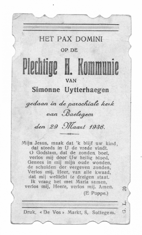 Herinneringsprentje Pl. H. Communie,  Simonne Uytterhaegen, Balegem 29.03.1936.