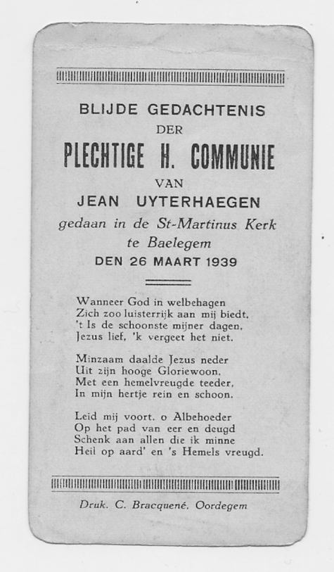 Herinneringsprentje Pl. H. Communie Jean Uytterhaegen, Balegem 1939