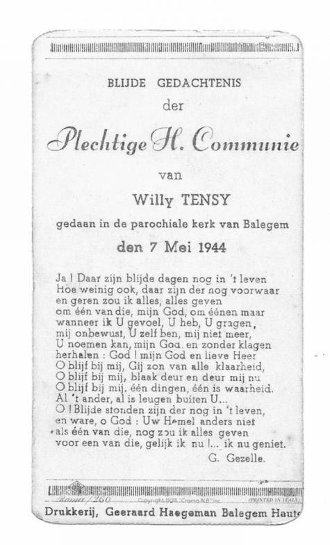 Herinneringsprentje  Pl. H. Communie van Willy Tensy, Balegem, 1944