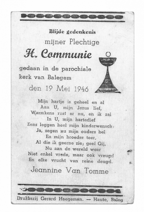 Herinneringsprentje  a.d. Pl. H. Communie van Jeannine Van Tomme, Balegem, 1946
