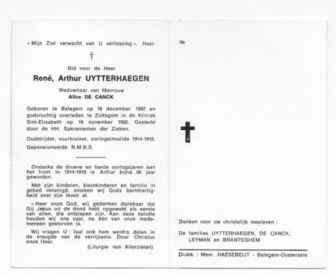 Bidprentje van Tuur (René, Arthur) UYTTERHAEGEN, † 19.11.1980