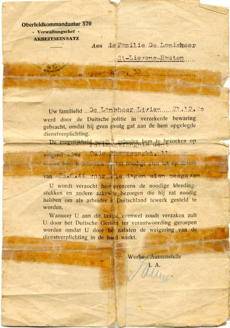 Aanhoudingsbevel  Livien De Landsheer, Sint-Lievens-Houtem, 1944
