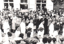 Groep tennissers, viering 25 jaar burgemeesterambt Marcel Stas de Richelle, Merekbeke, 1952