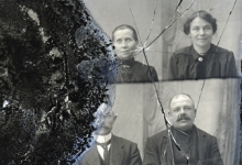 Zittend portret van 2 vrouwen en 2 mannen in feestkledij, Melle, 1910-1920