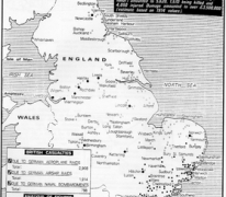 Overzichtskaart van Duitse aanvallen op Groot-Brittannië, 1914-1917