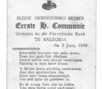 Herinnering a.d. Eerste  H. Communie v. Annie Mabilde, Balegem, 1949