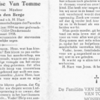 Bidprentje van Jeannine Van Tomme, ° Balegem, 1934, † St-Gillis-Dendermonde, 1958
