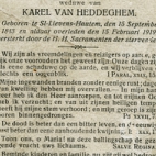 Bidprentje van Maria Theres. D' haeyer, St- Lievens- Hautem, 1919